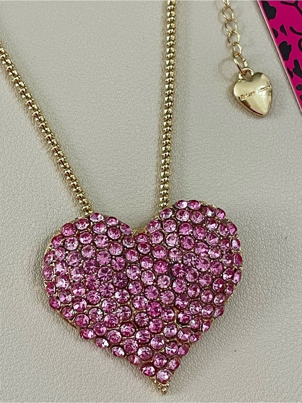 Betsey Johnson Gold-Tone Necklace with Pink Crystal Pave Heart Pendant - Picture 2 of 7